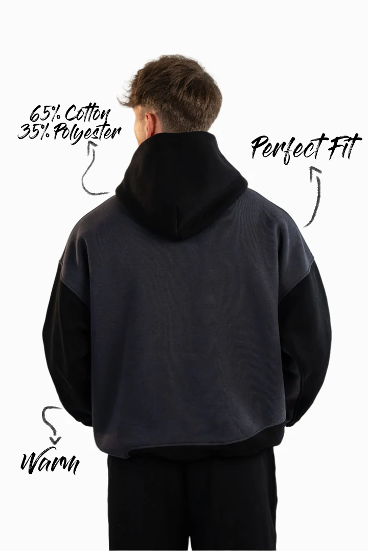 Rückansicht eines zweifarbigen Hoodies mit schwarzen Ärmeln und Kapuze, Rückenpartie in dunklem Grau; betont durch Schilderung des Materials und Hinweise auf warmen, perfekten Sitz.