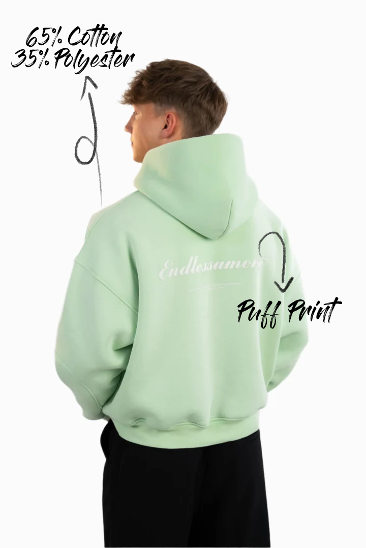 Rückansicht des Hoodies mit Angabe der Materialzusammensetzung: 65 % Baumwolle, 35 % Polyester – weißer Puffprint auf dem Rücken.