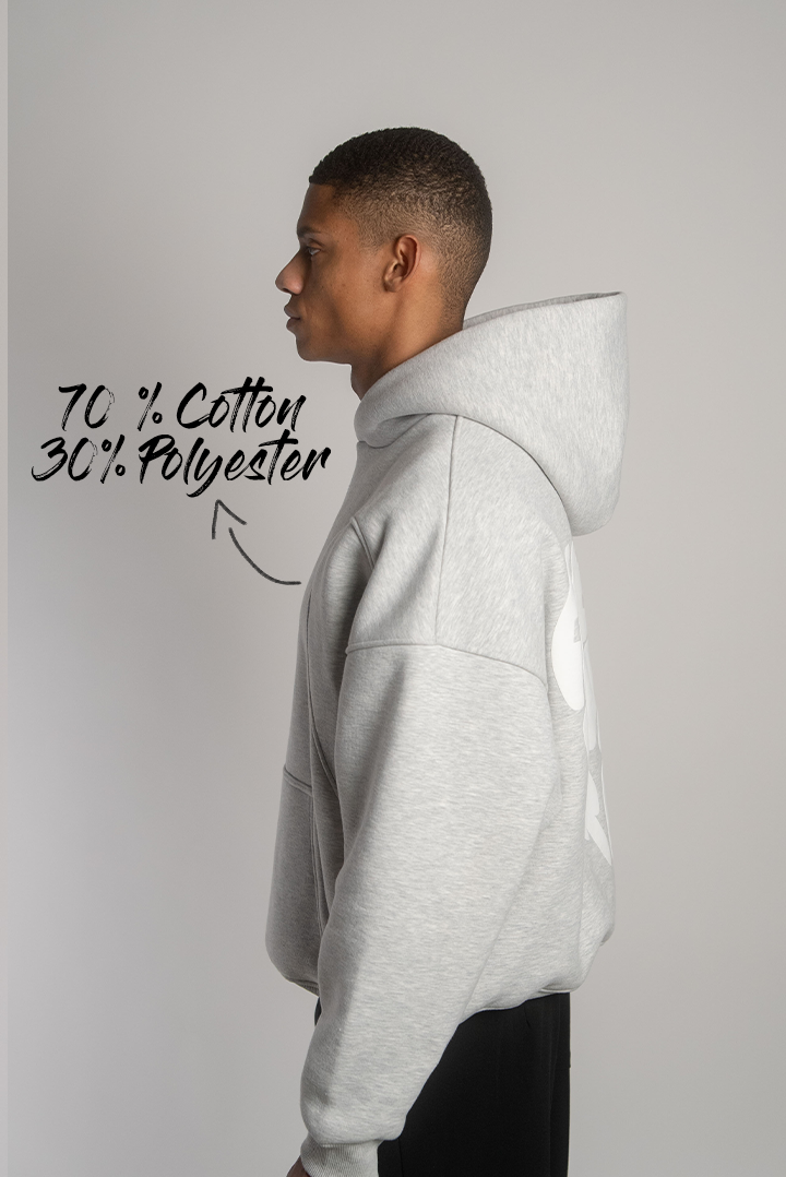 Grauer Kapuzenpullover mit aufgesetzter Kapuze und geradem Schnitt, fotografiert von der Seite. Textgrafik im Bild nennt das Materialverhältnis: 70 % Baumwolle, 30 % Polyester.