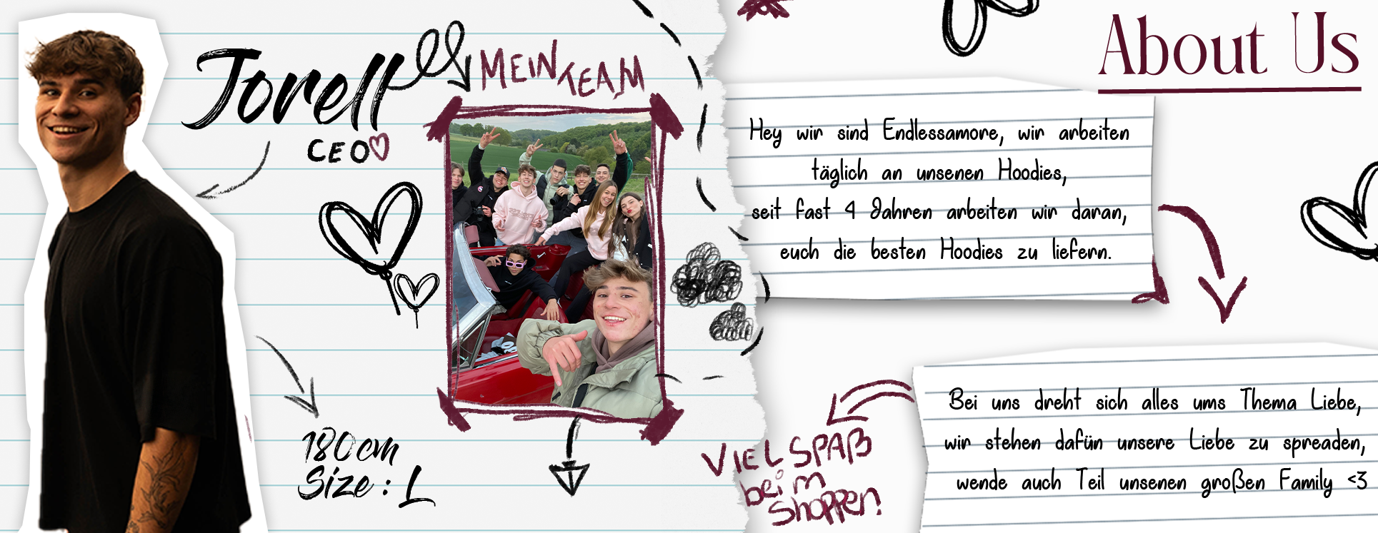 Collageartige Grafik im Notizbuch-Stil mit dem Titel „About Us“. Links ist eine lächelnde Person mit schwarzem T-Shirt abgebildet, daneben steht handschriftlich „Jorell – CEO“, darunter Körpergröße und Kleidergröße. In der Mitte ein Gruppenfoto junger Menschen in einem roten Cabrio, beschriftet mit „MEIN TEAM“. Rechts Textabschnitte auf linierten Zetteln: oben steht, dass das Team „Endlessamore“ seit fast vier Jahren an Hoodies arbeitet, unten wird erklärt, dass sich alles um Liebe dreht und man Teil der „g